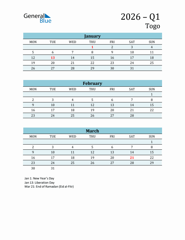 Three-Month Planner for Q1 2026 with Holidays - Togo