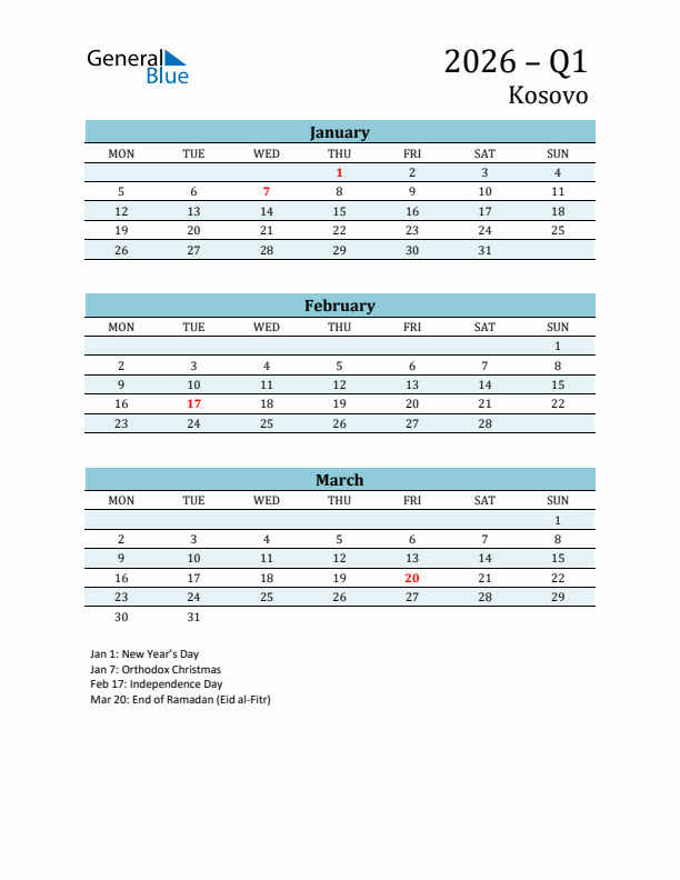 Three-Month Planner for Q1 2026 with Holidays - Kosovo