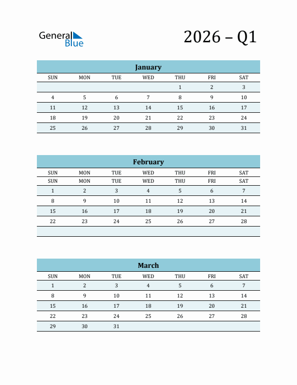 January, February, and March 2026 Calendar