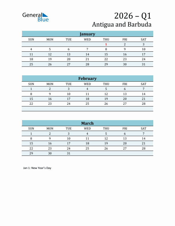 Three-Month Planner for Q1 2026 with Holidays - Antigua and Barbuda
