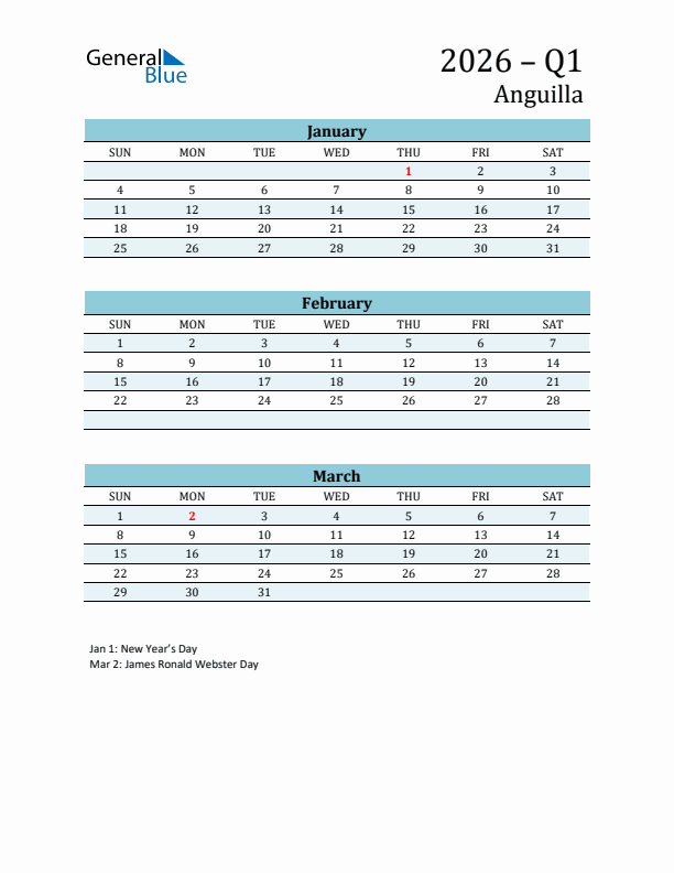 Three-Month Planner for Q1 2026 with Holidays - Anguilla