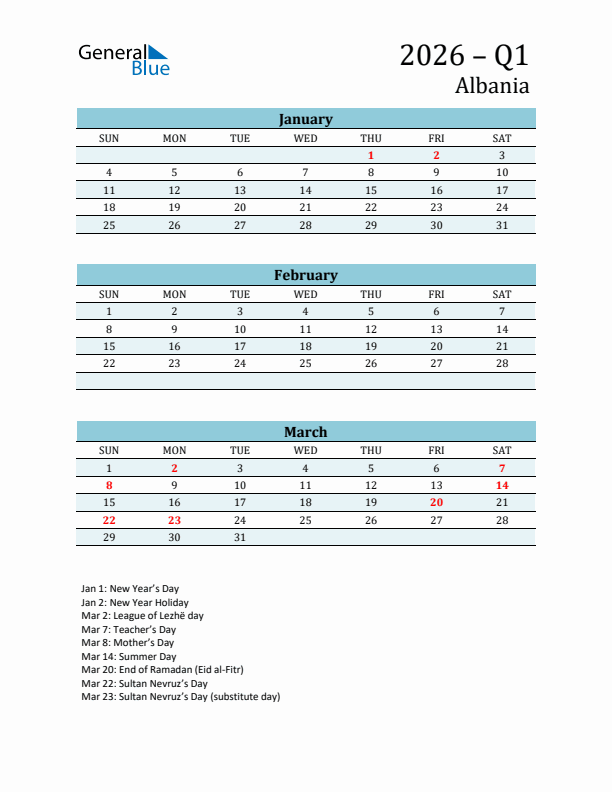 Three-Month Planner for Q1 2026 with Holidays - Albania