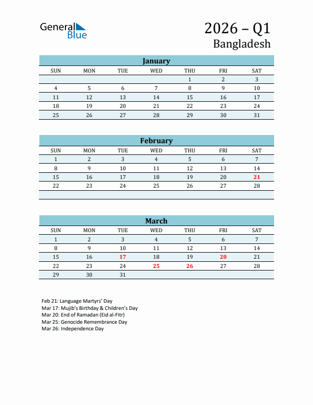 Three-Month Planner for Q1 2026 with Holidays - Bangladesh