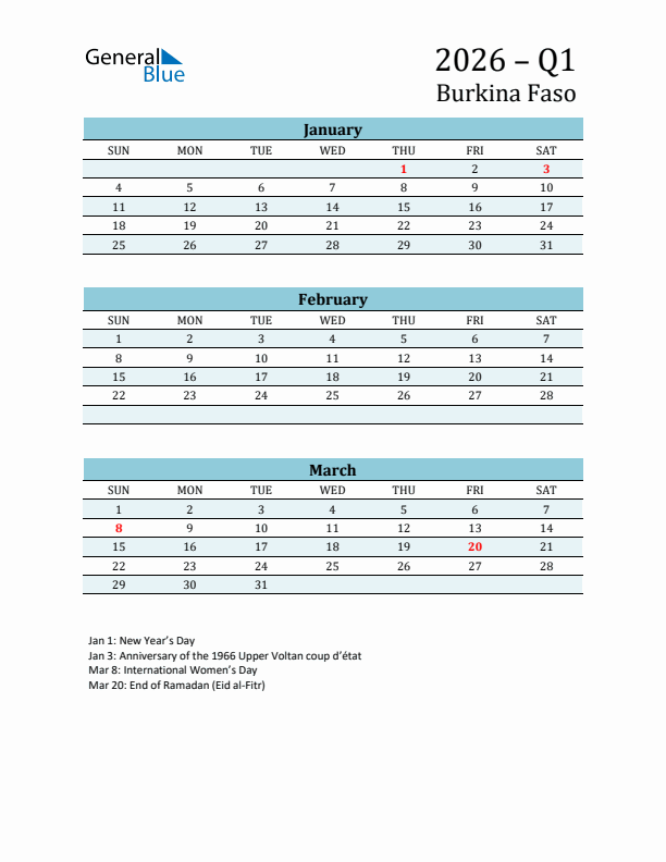 Three-Month Planner for Q1 2026 with Holidays - Burkina Faso