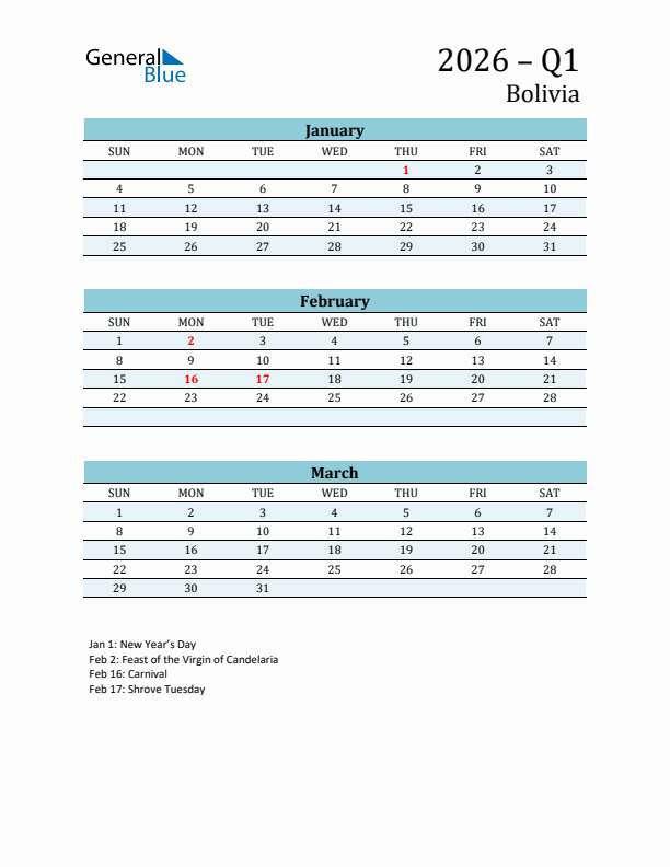 Three-Month Planner for Q1 2026 with Holidays - Bolivia