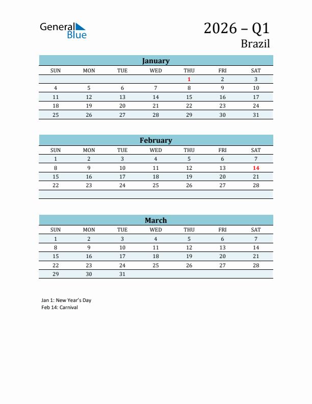 Three-Month Planner for Q1 2026 with Holidays - Brazil