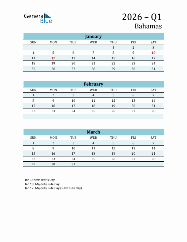 Three-Month Planner for Q1 2026 with Holidays - Bahamas