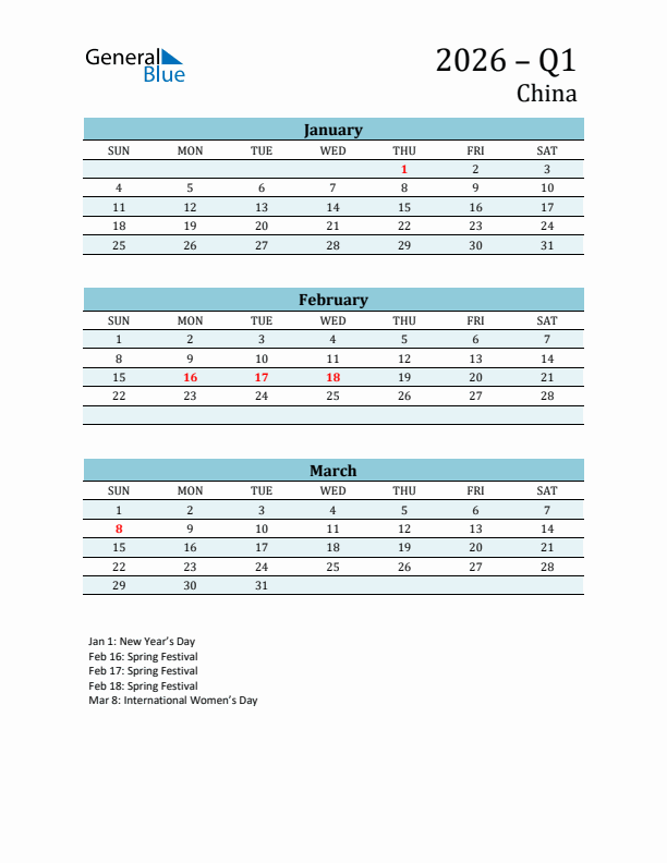 Three-Month Planner for Q1 2026 with Holidays - China
