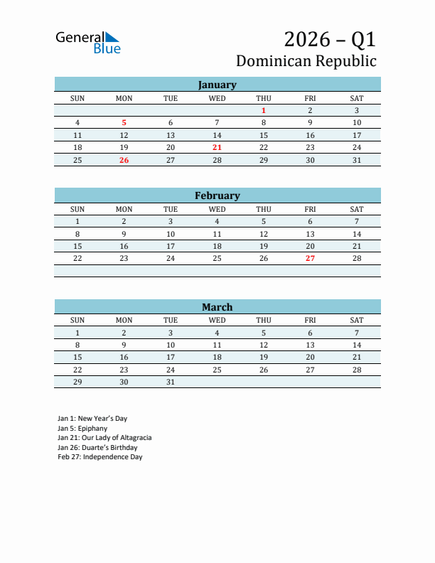 Three-Month Planner for Q1 2026 with Holidays - Dominican Republic