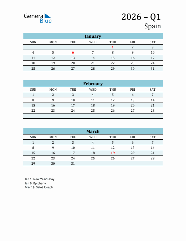 Three-Month Planner for Q1 2026 with Holidays - Spain
