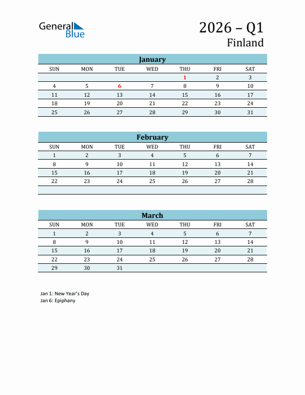 Three-Month Planner for Q1 2026 with Holidays - Finland