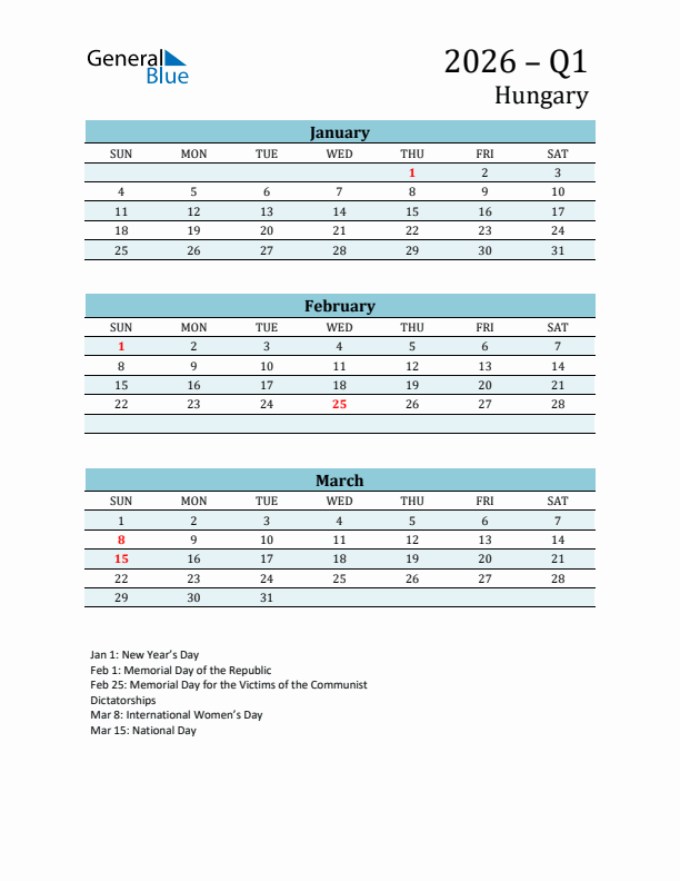 Three-Month Planner for Q1 2026 with Holidays - Hungary