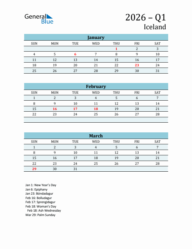 Three-Month Planner for Q1 2026 with Holidays - Iceland