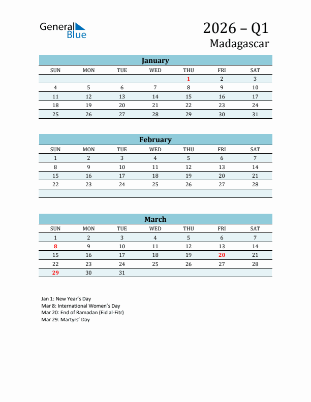 Three-Month Planner for Q1 2026 with Holidays - Madagascar