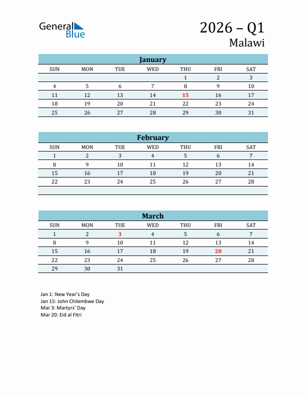 Three-Month Planner for Q1 2026 with Holidays - Malawi