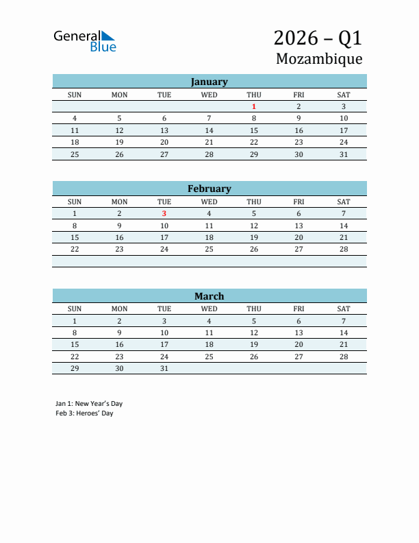 Three-Month Planner for Q1 2026 with Holidays - Mozambique