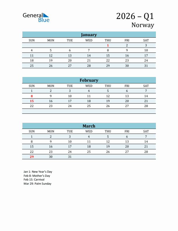 Three-Month Planner for Q1 2026 with Holidays - Norway