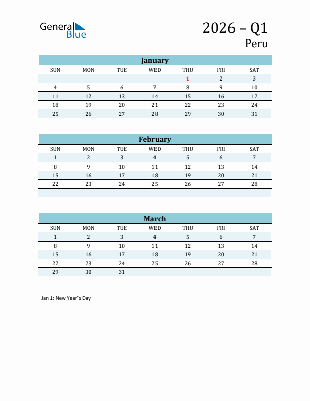 Three-Month Planner for Q1 2026 with Holidays - Peru