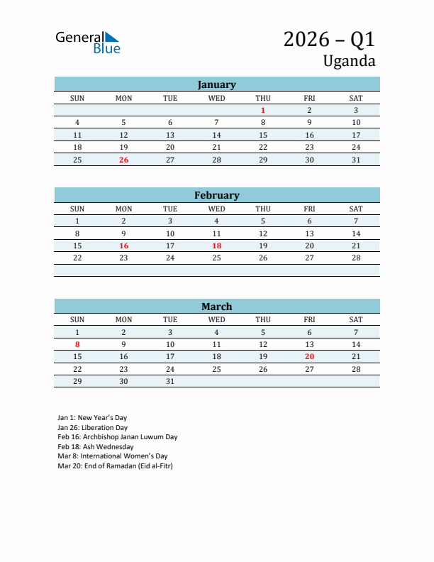 Three-Month Planner for Q1 2026 with Holidays - Uganda