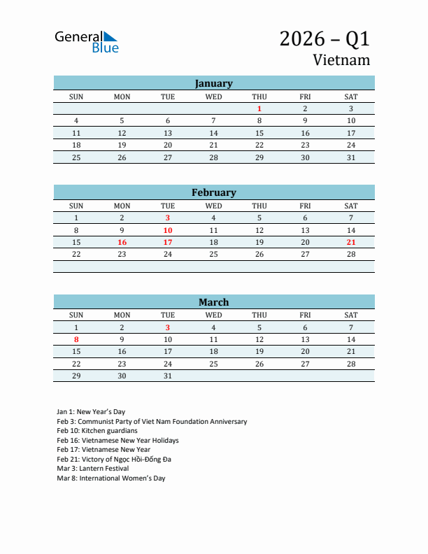 Three-Month Planner for Q1 2026 with Holidays - Vietnam