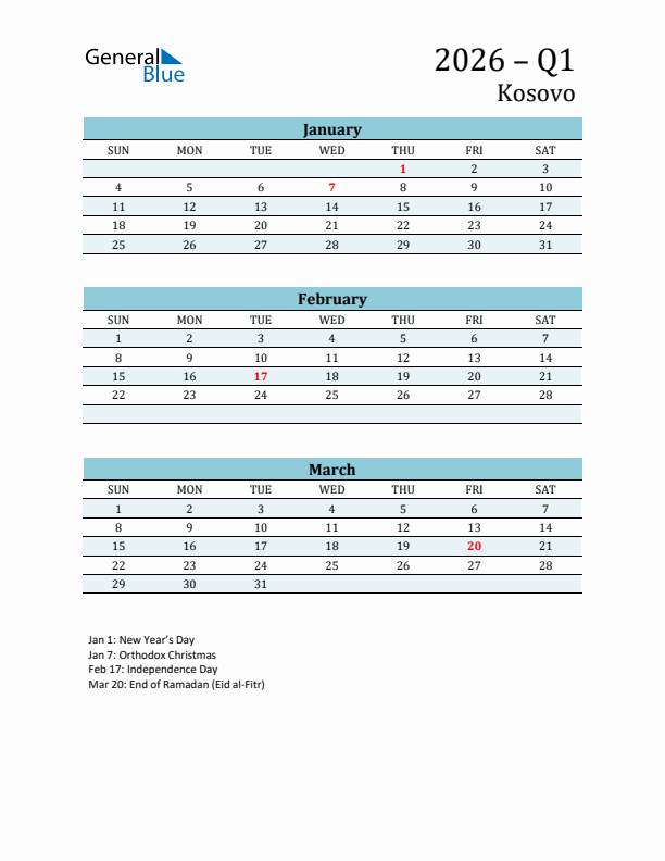Three-Month Planner for Q1 2026 with Holidays - Kosovo