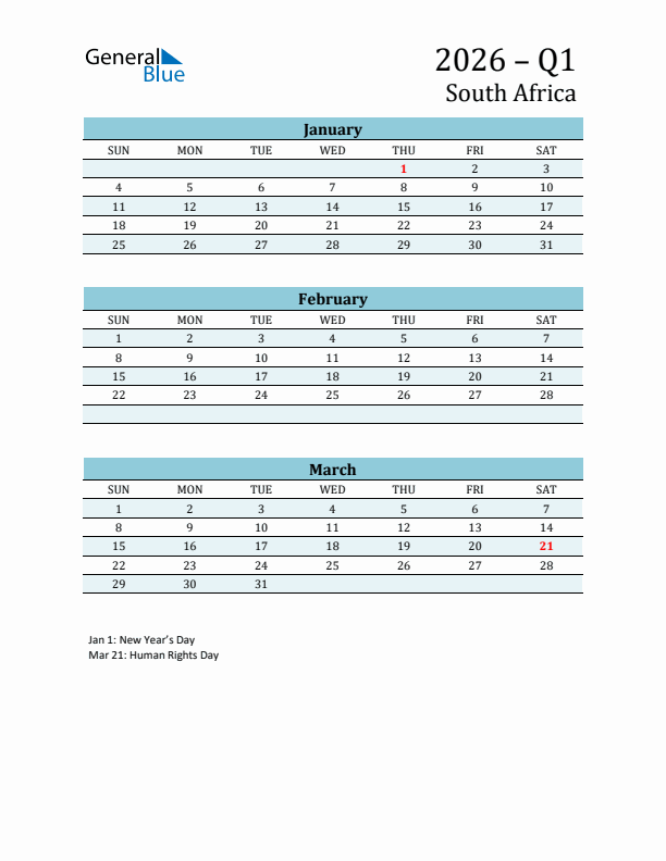 Three-Month Planner for Q1 2026 with Holidays - South Africa