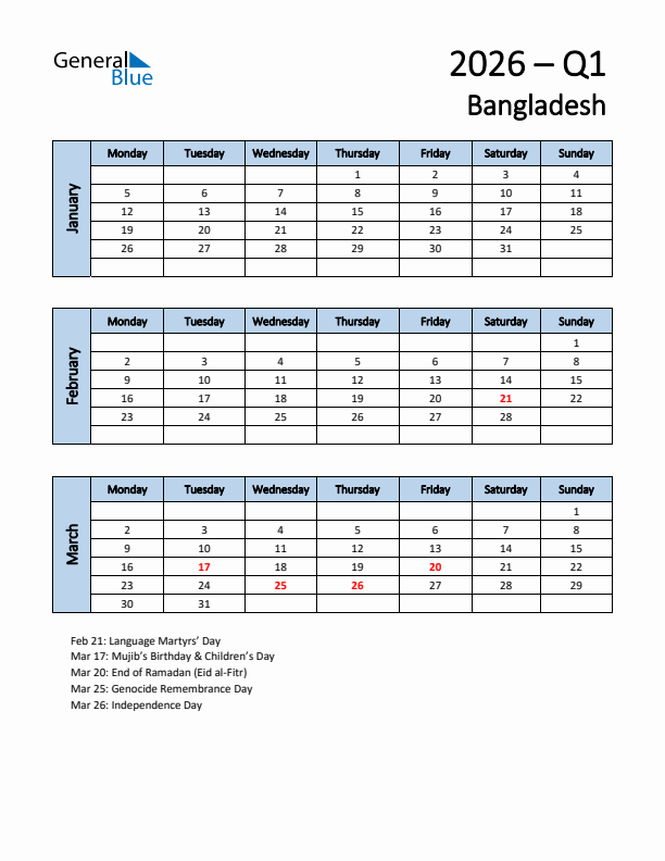 Free Q1 2026 Calendar for Bangladesh - Monday Start