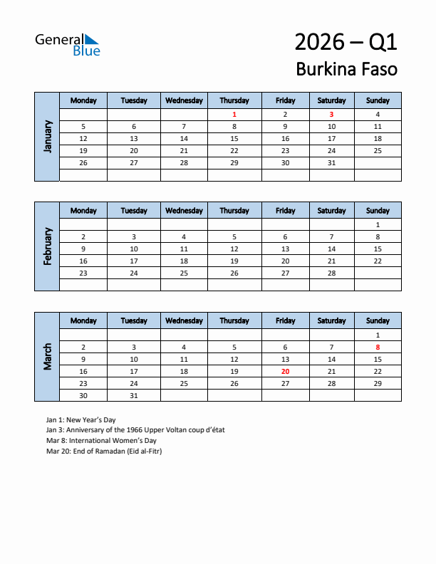 Free Q1 2026 Calendar for Burkina Faso - Monday Start