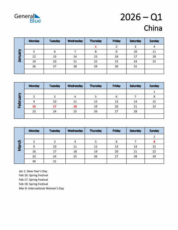 Free Q1 2026 Calendar for China - Monday Start