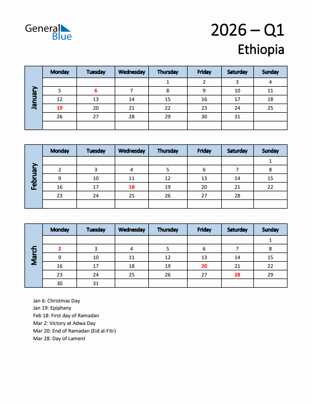 Free Q1 2026 Calendar for Ethiopia - Monday Start