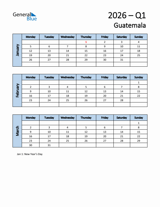 Free Q1 2026 Calendar for Guatemala - Monday Start