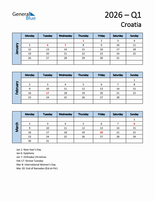 Free Q1 2026 Calendar for Croatia - Monday Start