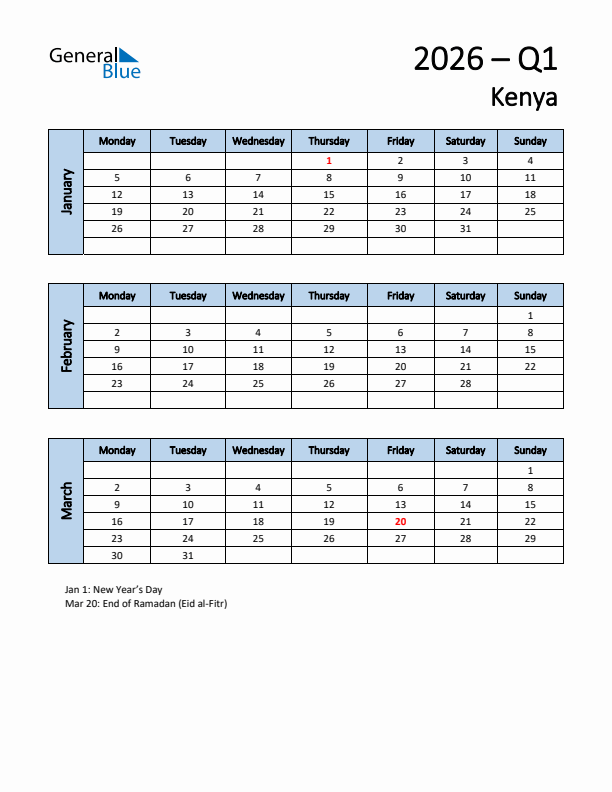 Free Q1 2026 Calendar for Kenya - Monday Start