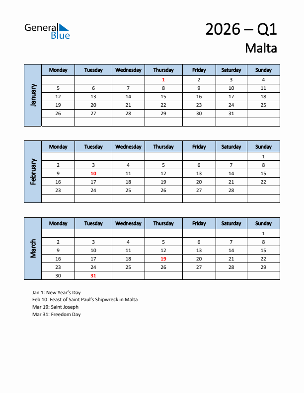 Free Q1 2026 Calendar for Malta - Monday Start