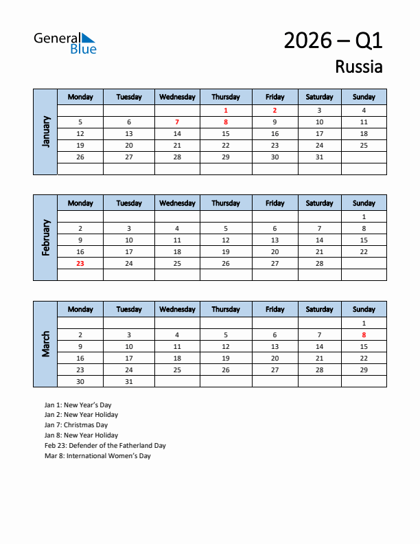 Free Q1 2026 Calendar for Russia - Monday Start
