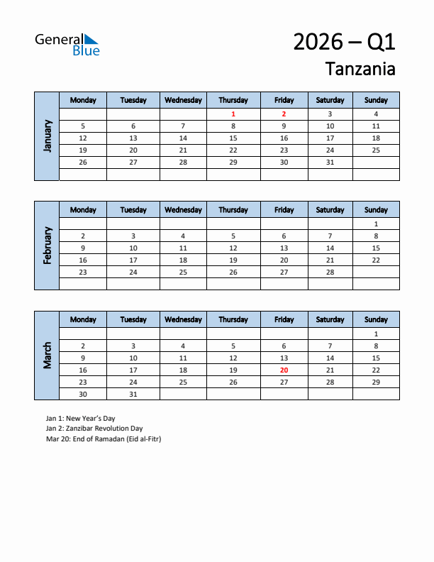 Free Q1 2026 Calendar for Tanzania - Monday Start