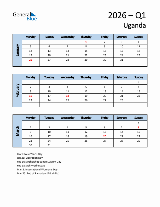 Free Q1 2026 Calendar for Uganda - Monday Start