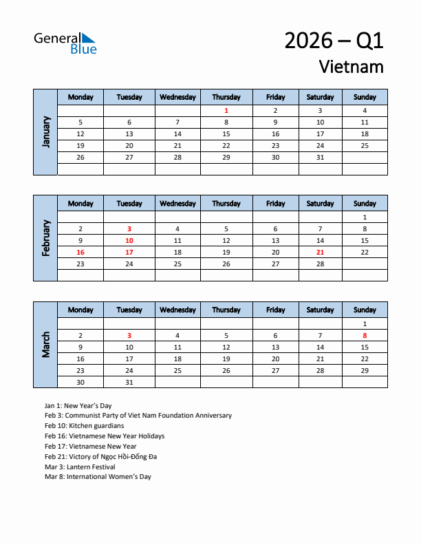 Free Q1 2026 Calendar for Vietnam - Monday Start