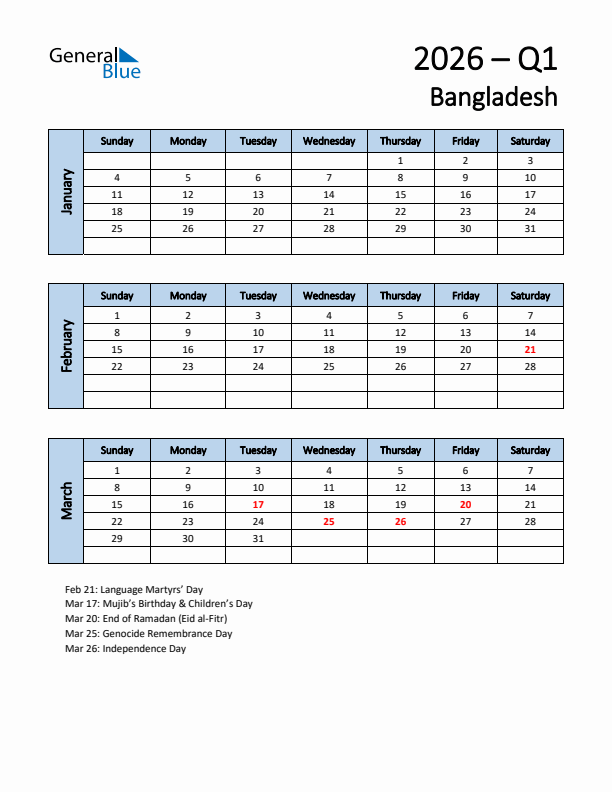 Free Q1 2026 Calendar for Bangladesh - Sunday Start