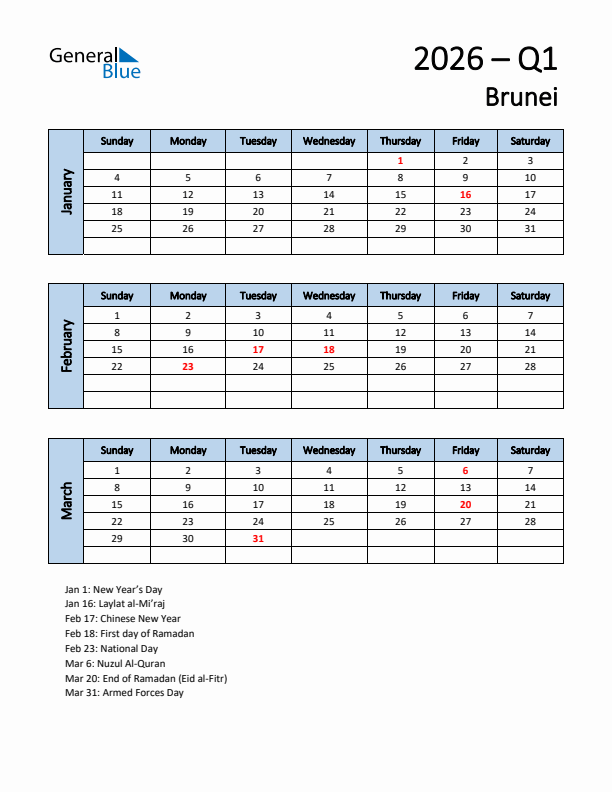 Free Q1 2026 Calendar for Brunei - Sunday Start