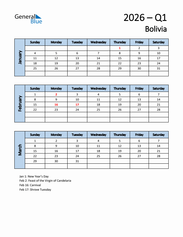 Free Q1 2026 Calendar for Bolivia - Sunday Start