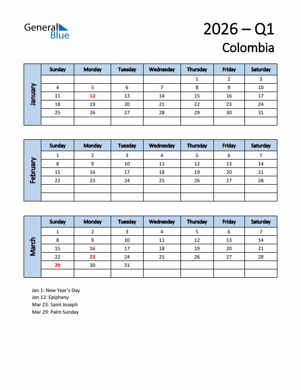 Free Q1 2026 Calendar for Colombia - Sunday Start
