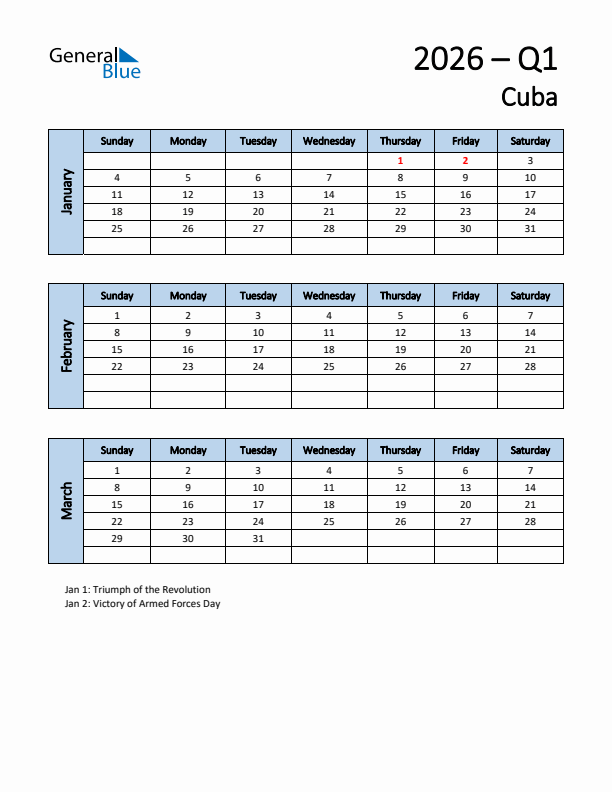 Free Q1 2026 Calendar for Cuba - Sunday Start