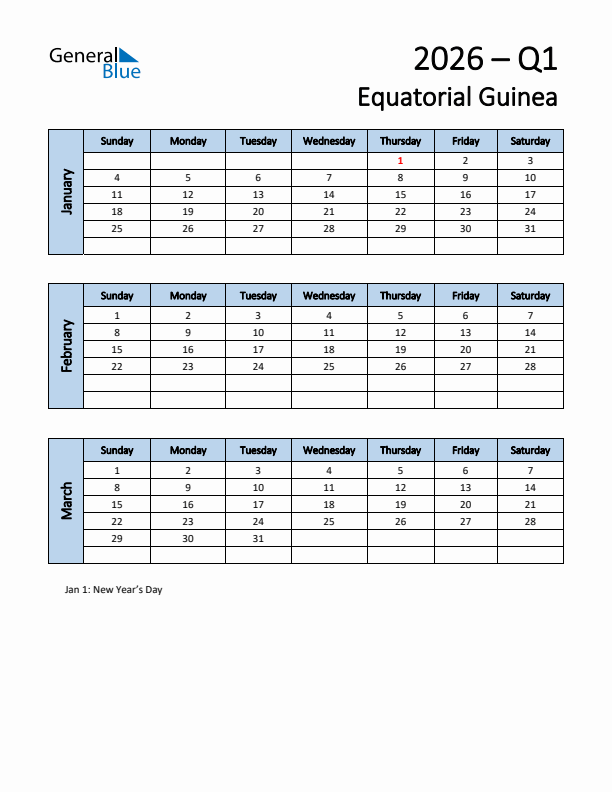Free Q1 2026 Calendar for Equatorial Guinea - Sunday Start