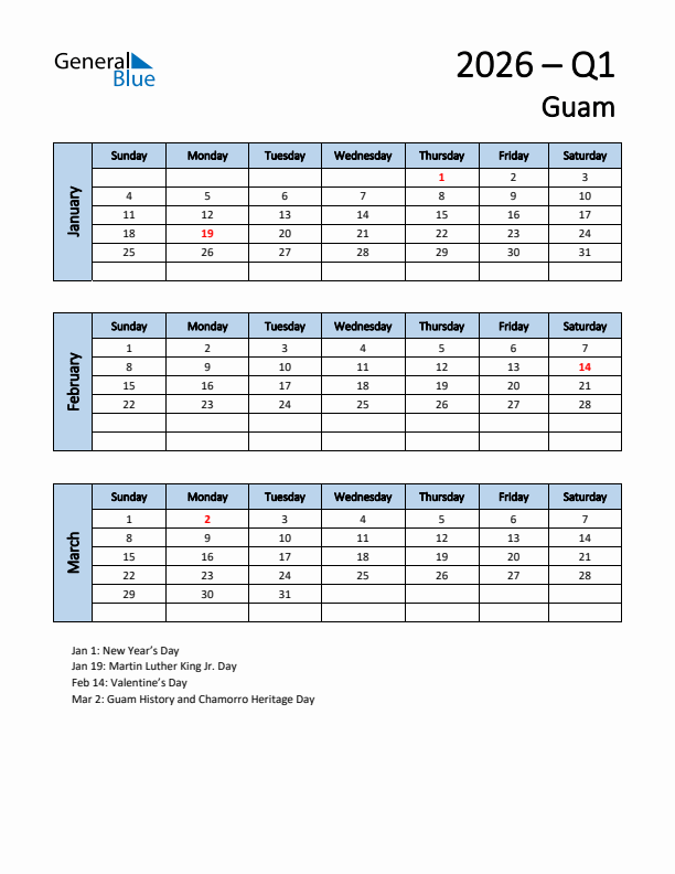 Free Q1 2026 Calendar for Guam - Sunday Start
