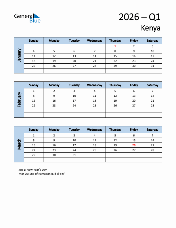 Free Q1 2026 Calendar for Kenya - Sunday Start