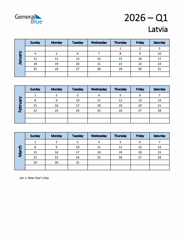 Free Q1 2026 Calendar for Latvia - Sunday Start