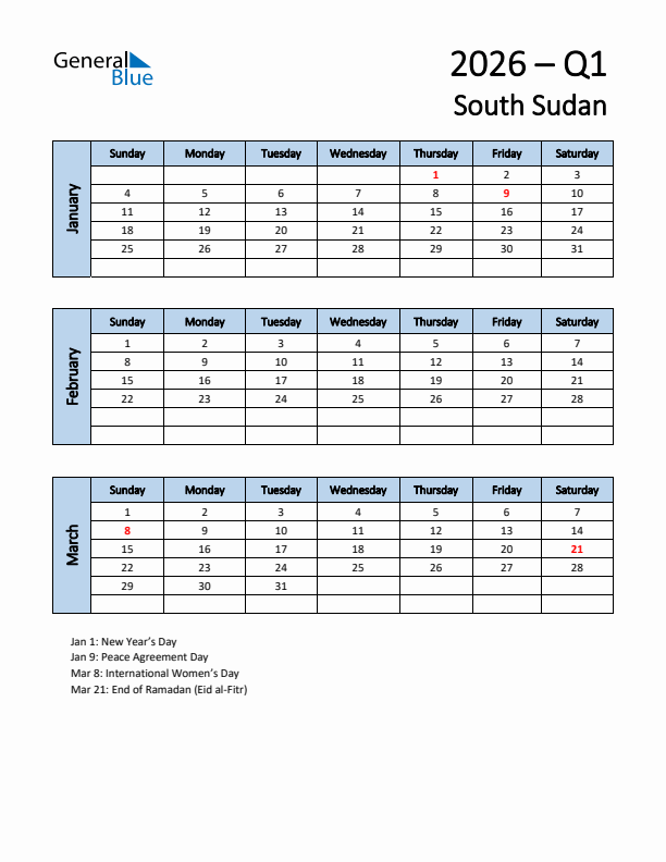 Free Q1 2026 Calendar for South Sudan - Sunday Start