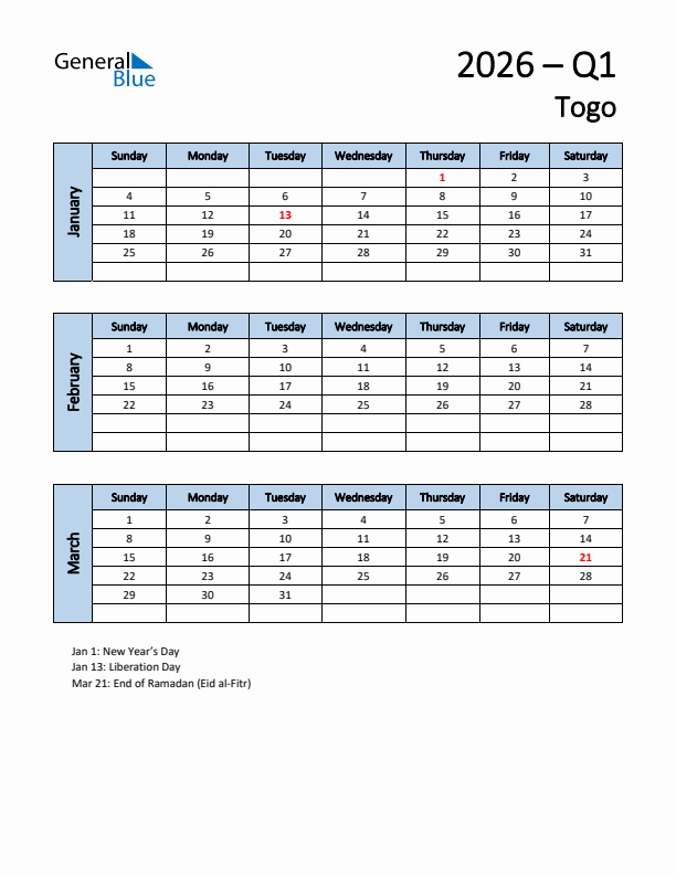Free Q1 2026 Calendar for Togo - Sunday Start