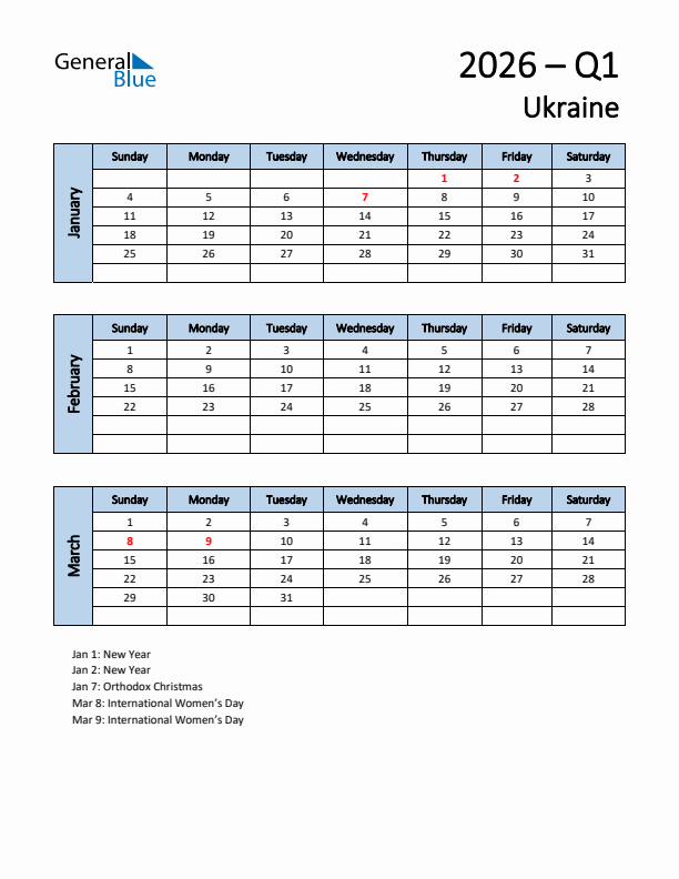 Free Q1 2026 Calendar for Ukraine - Sunday Start